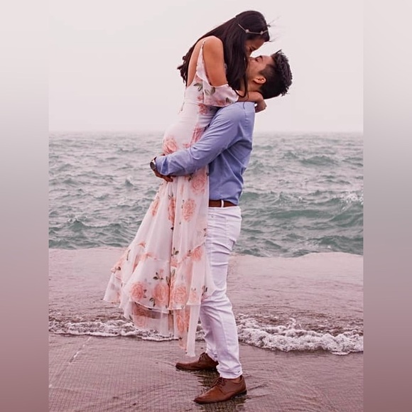 Lulu’s Take You There Ivory Peach Roses Chiffon Ruffle Cold Shoulder Floral Maxi - Picture 3 of 12